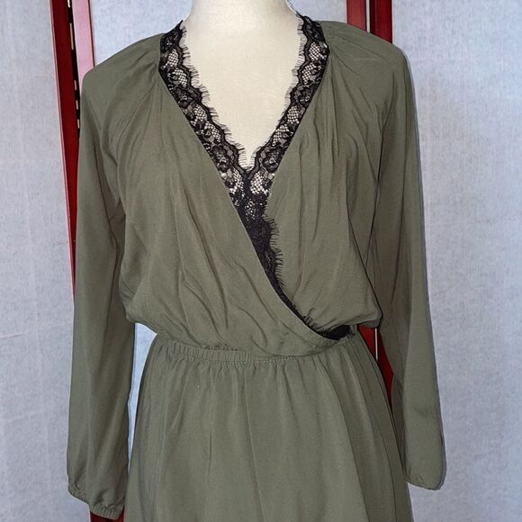 Express Army Green Faux Wrap Top Dress With Elastic Waist & Lace (Size: S) - Picture 8 of 14
